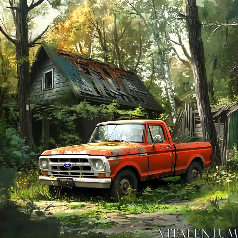 Nature Reclaiming Abandoned Truck and House AI Image