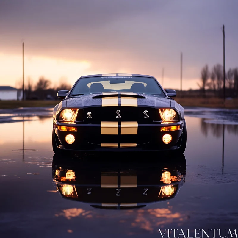 Sunset Reflection of Black Car with Gold Racing Stripes AI Image