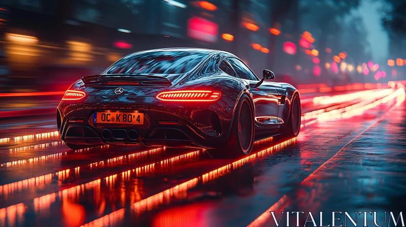 AI ART Nighttime City Drive with Black Sports Car