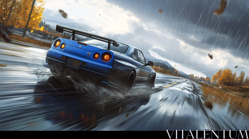 Blue Car Racing on Wet Highway in Fall AI Image