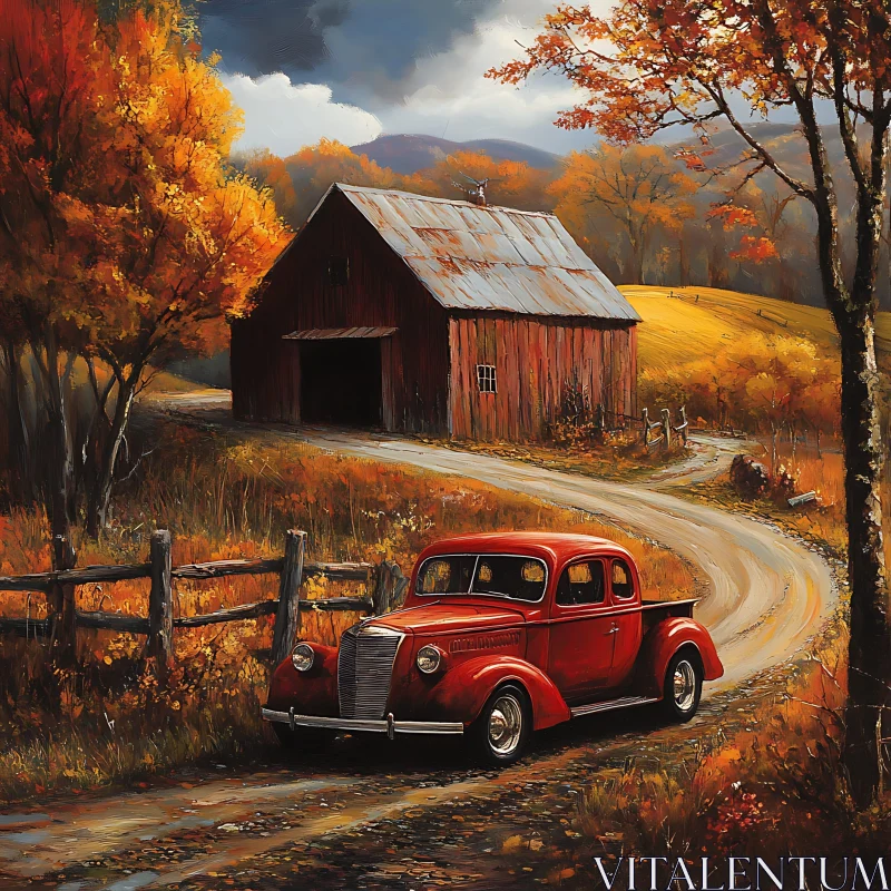 Rustic Autumn Scene with Vintage Car AI Image