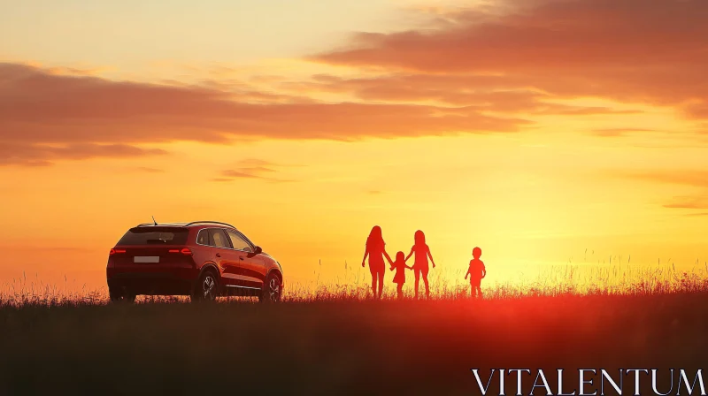 Silhouette of Family Walking at Sunset AI Image