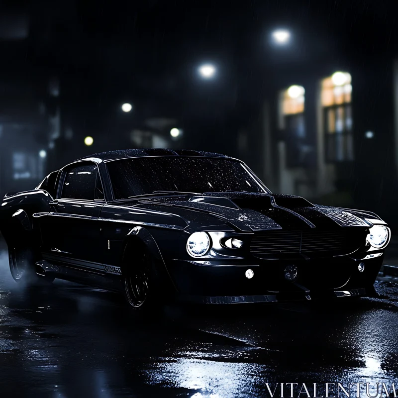 Classic Muscle Car in Rainy Urban Night AI Image