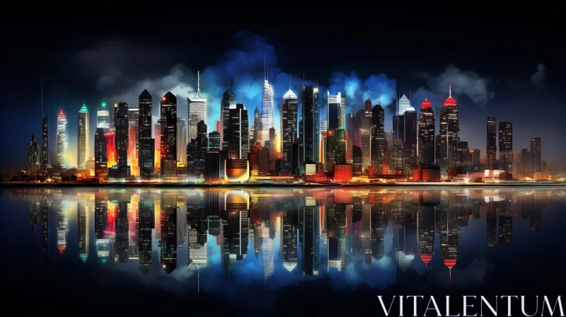 Luminous Cityscape Night Reflection - Dreamlike Illustration AI Image
