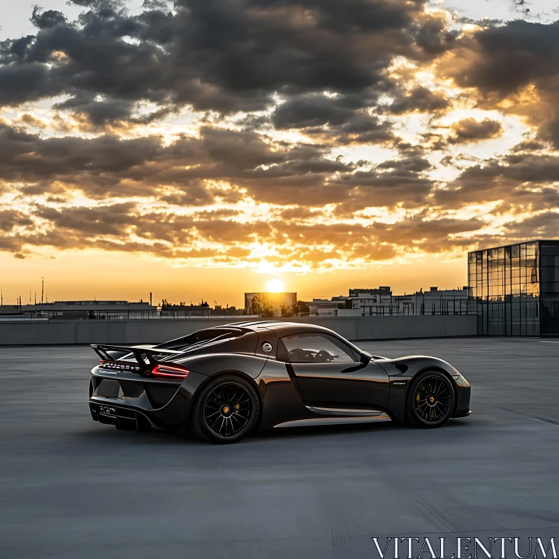 Sporty Black Car Under Sunset AI Image