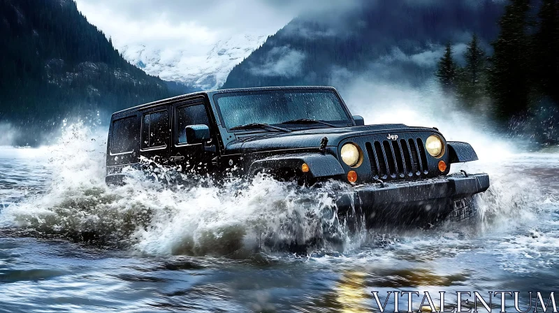 AI ART 4x4 Jeep Crossing a River in Scenic Mountain Landscape