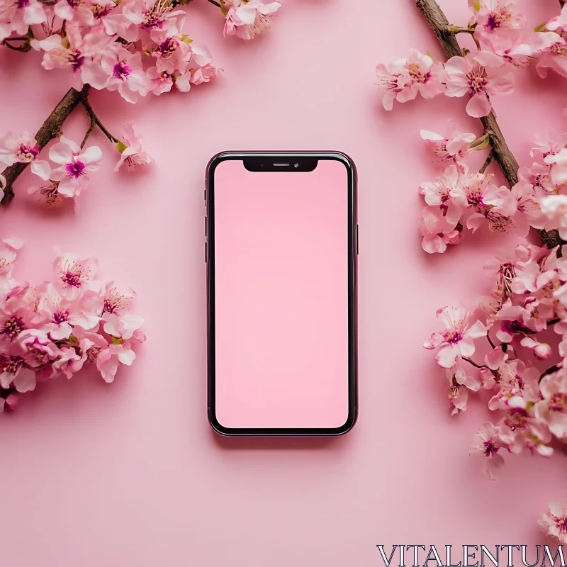 AI ART Cherry Blossoms and Smartphone on Pink Background