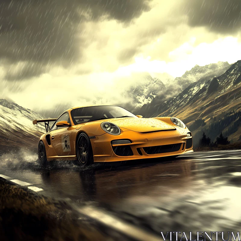 Speeding Car on Rainy Mountain Pass AI Image