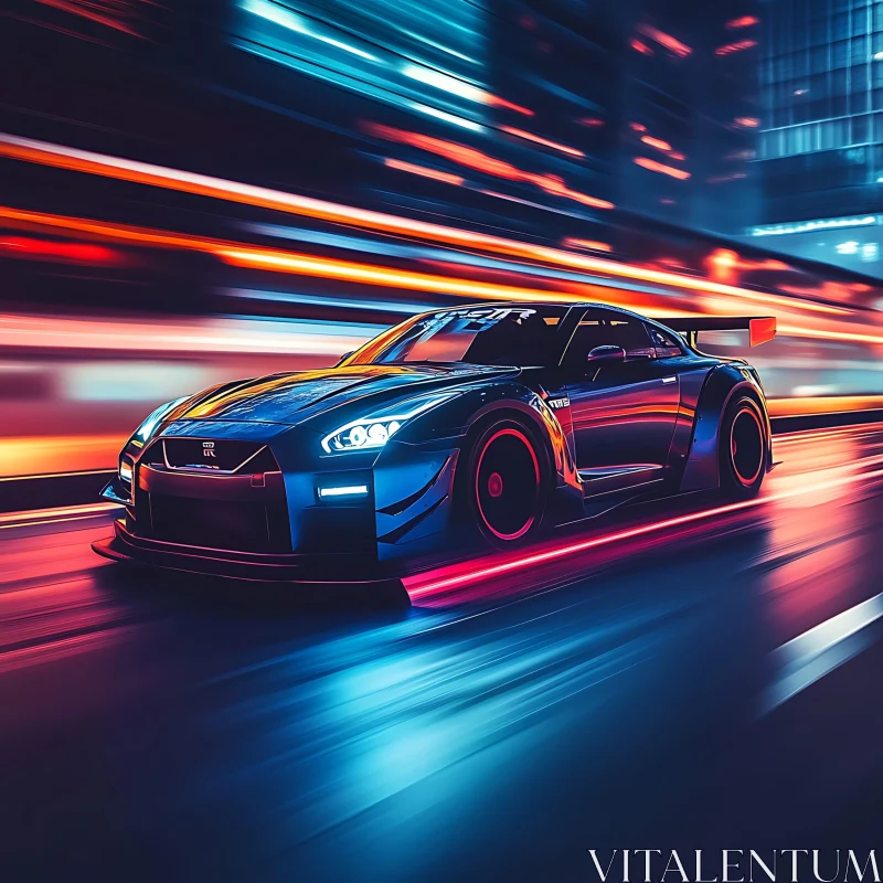 High-Speed Car in Neon Urban Landscape AI Image