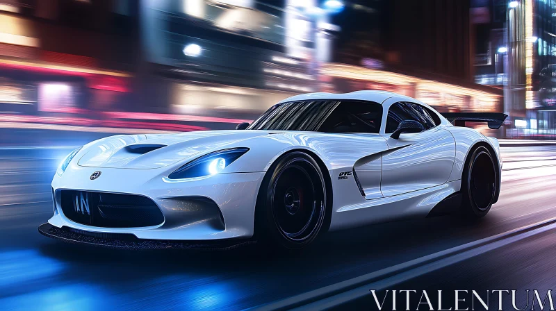 Fast White Sports Car in Urban Nightscape AI Image