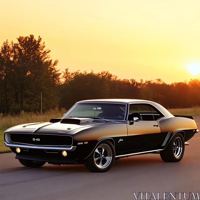 Vintage Muscle Car in a Serene Sunset Setting AI Image