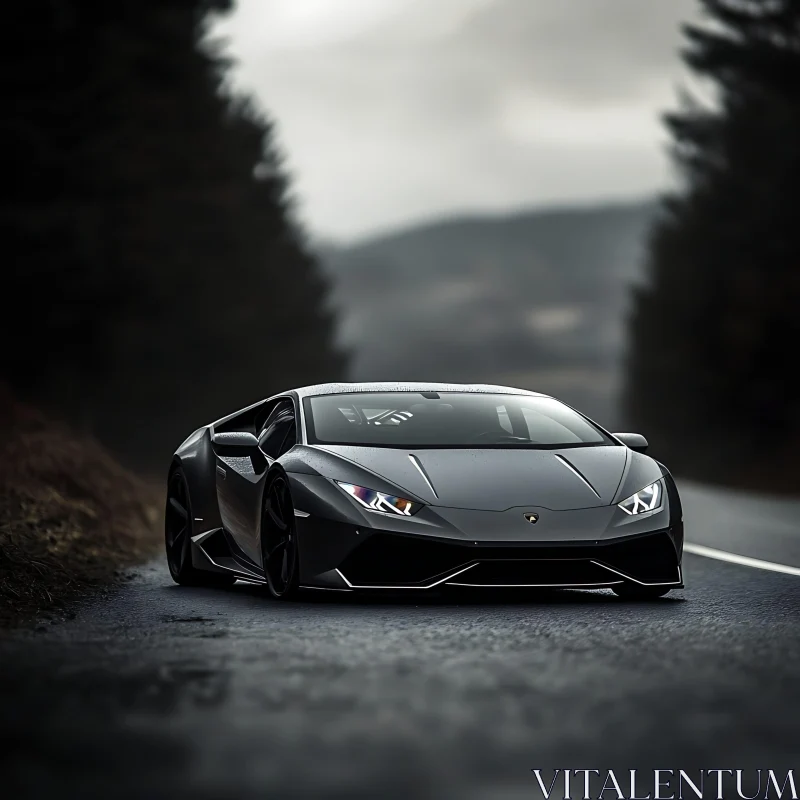 Matte Black Lamborghini on an Empty Road AI Image