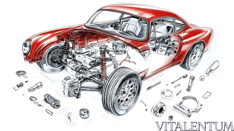 AI ART Detailed Mechanical Illustration of a Classic Car