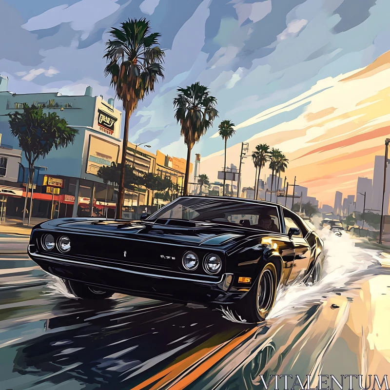 Sunset Drive with Black Classic Car and Palm Trees AI Image