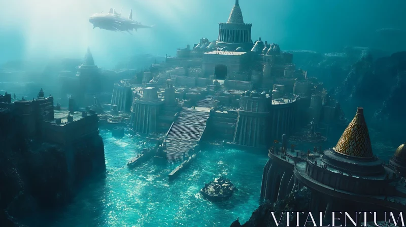 Sunlit Underwater City with Grand Architecture AI Image