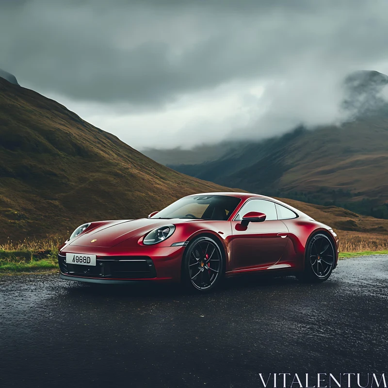 Luxury Red Car in Mountainous Landscape AI Image