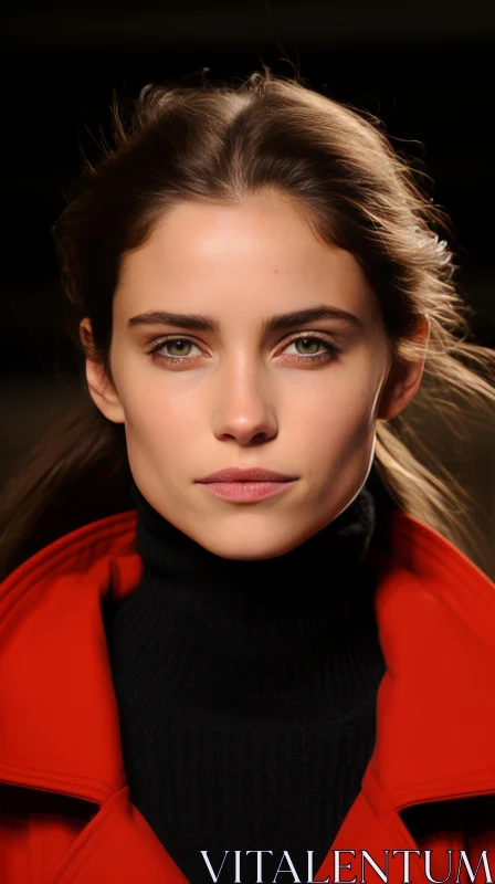 Fashion Week Runway: Woman in Red Coat | Close-up Intensity AI Image