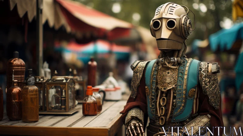 Steampunk Robot on Table: A Blend of Modern Robotics and Vintage Charm AI Image