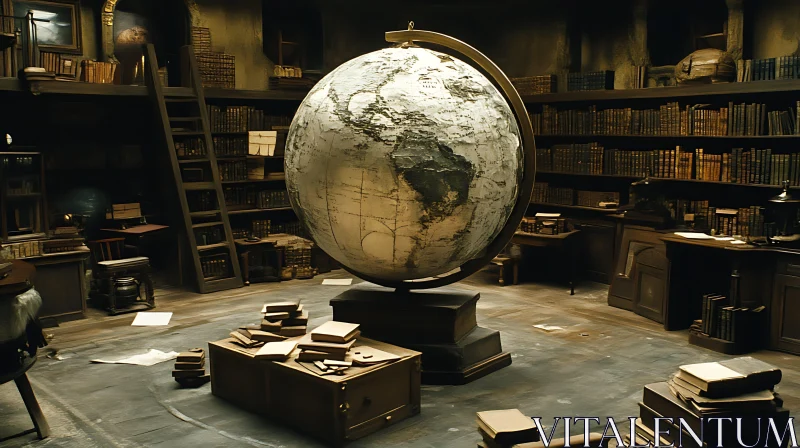 Antique Library with Globe and Books AI Image