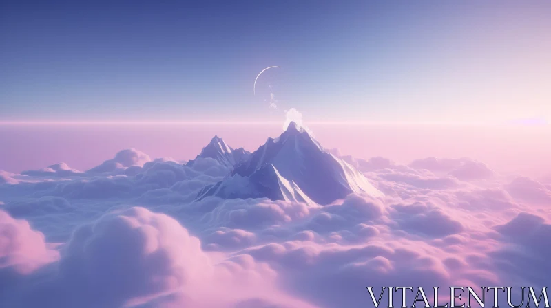 3D Fantasy Mountains Rising Above Clouds at Sunset AI Image