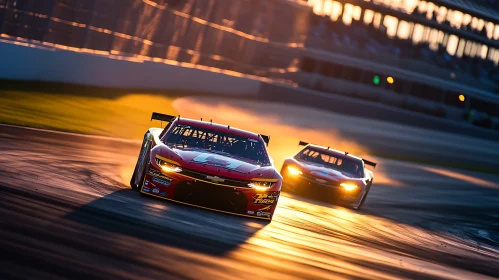 High-Speed Race Cars During Sunset