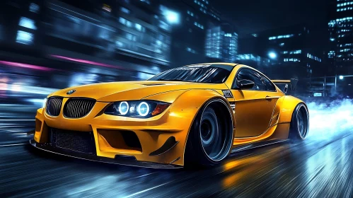 High-Speed Nighttime City Drive in a Yellow Sports Car