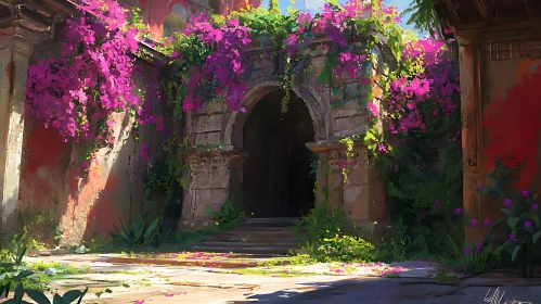 Bougainvillea-Draped Ancient Stone Archway