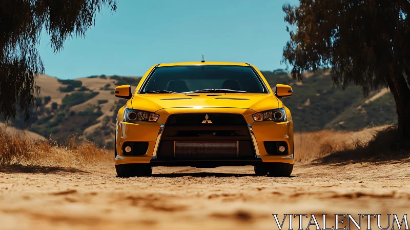 AI ART Bold Yellow Car in Rugged Landscape