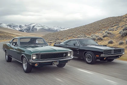 Classic Vintage Cars against Snowy Mountains