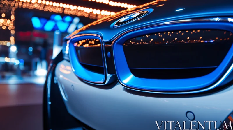 Sleek Car Grille Close-Up with City Lights AI Image