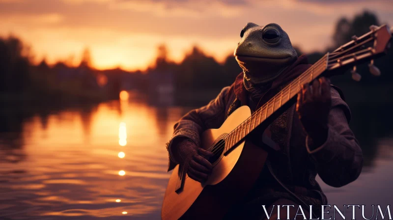 Frog Serenades the Sunset: A Romantic Lakeside Scene AI Image