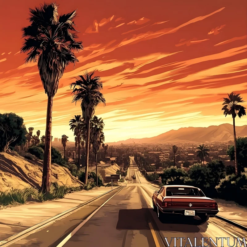 Sunset Road with Palm Trees and Car AI Image