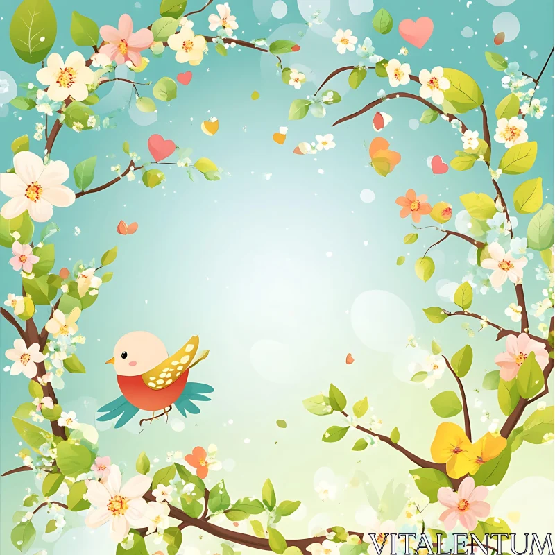 Colorful Bird and Blossoming Branches Illustration AI Image