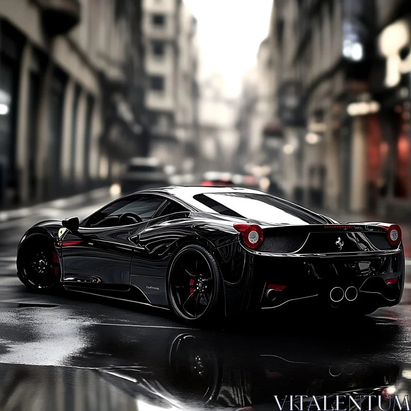 Elegantly Styled Black Ferrari in Cityscape AI Image