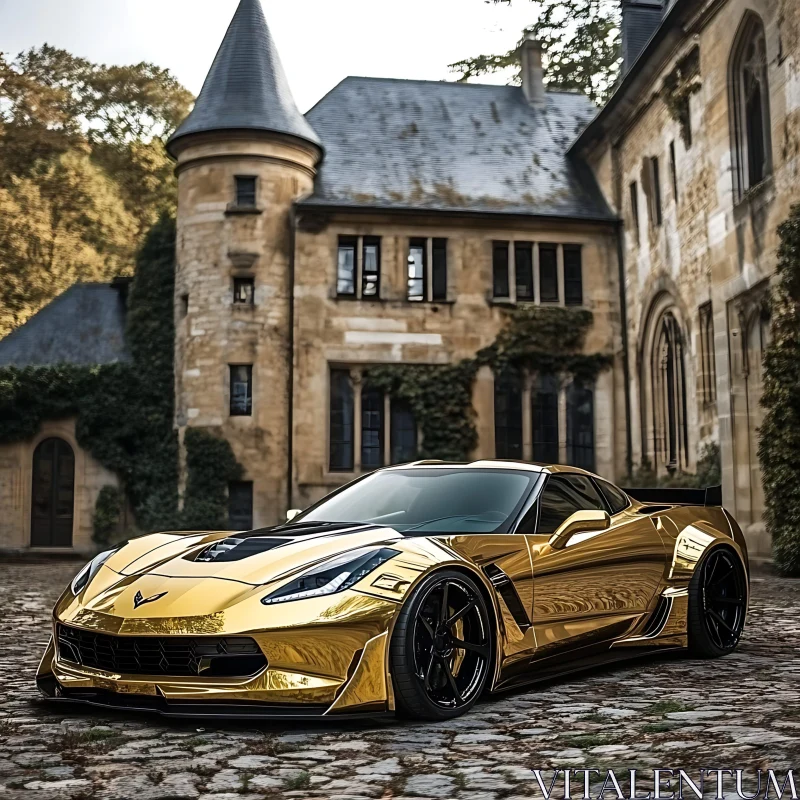 Luxurious Golden Supercar in Castle Setting AI Image