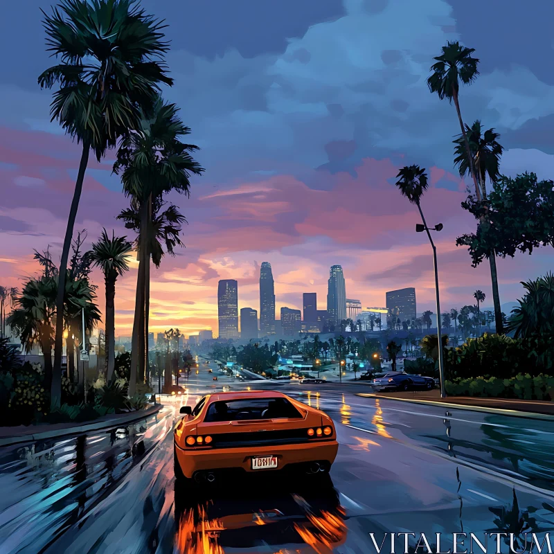 Sunset Drive Through a Modern City AI Image