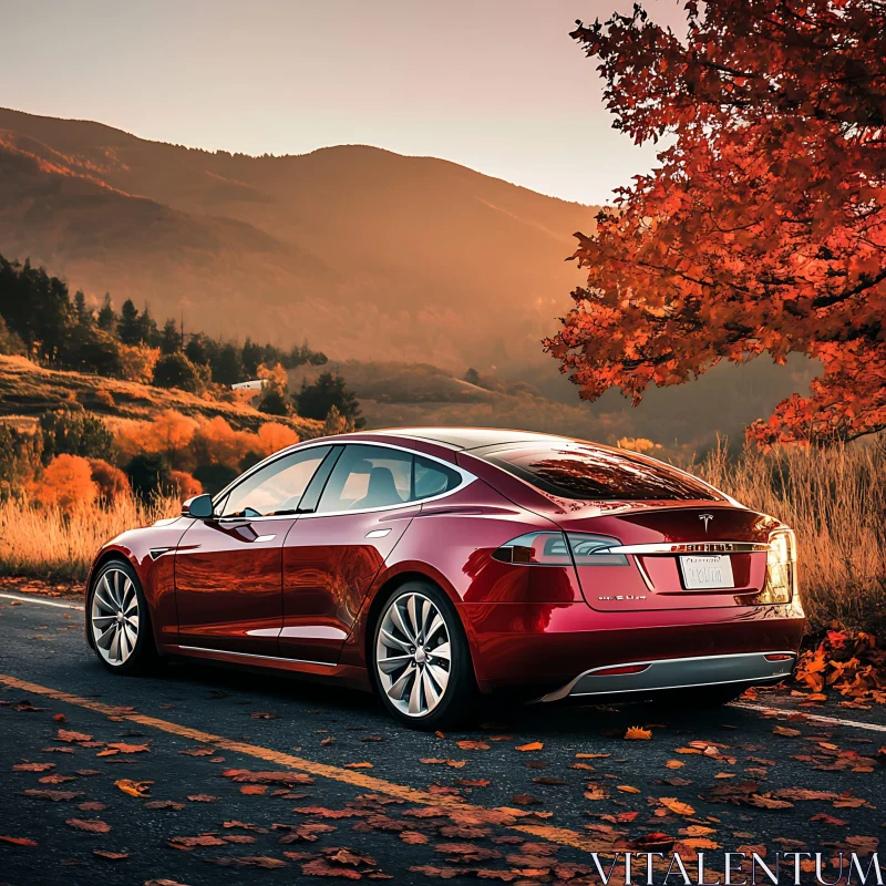 AI ART Sleek Red Car in Beautiful Fall Setting