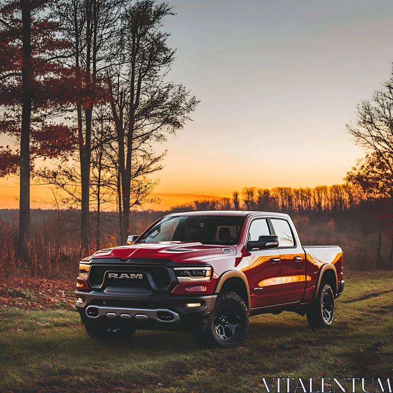 Red Pickup Truck Amidst Nature at Sunset AI Image