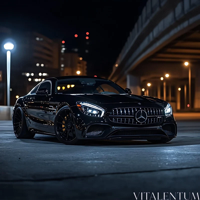 Sleek Black Car in Nighttime Urban Setting AI Image