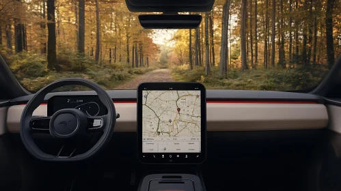 Car Interior Featuring Navigation and Forest Scenery