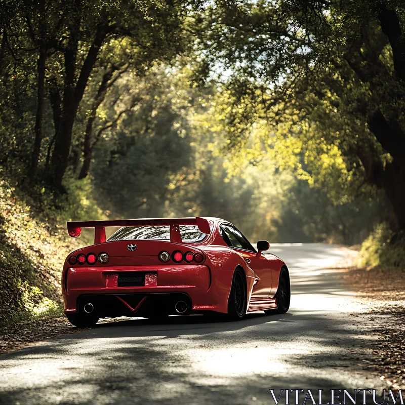 Red Sport Car Among Trees on a Sunny Day AI Image