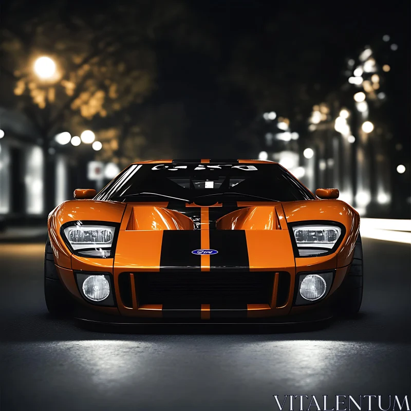 Urban Night Scene With Orange Ford Supercar AI Image