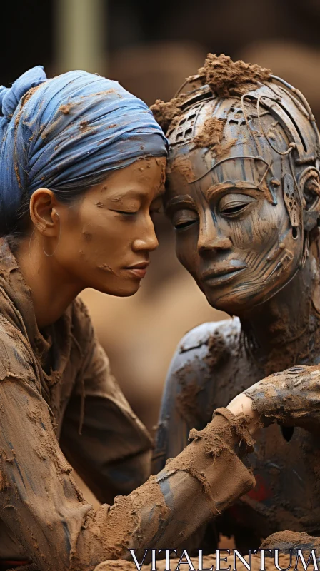 Emotive Clay Portraits in Indigo and Bronze AI Image
