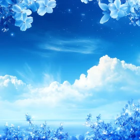 Blue Sky and White Clouds with Blossoming Flowers