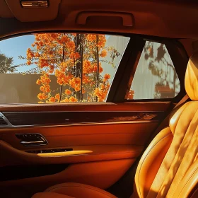 Warm Leather Car Seats & Blooming Orange Flowers