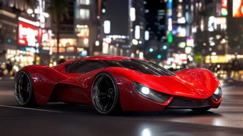 Aerodynamic Red Supercar Parked in Neon-Lit City