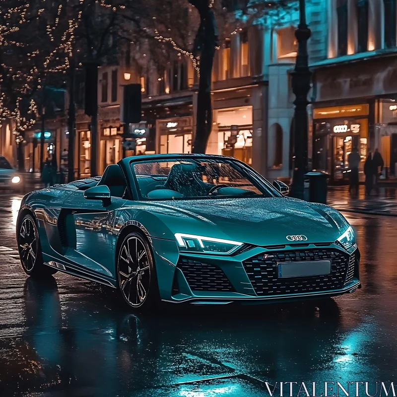 Elegant Convertible on Wet City Streets at Night AI Image