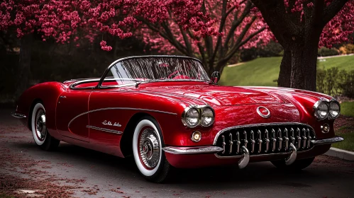 Classic Red Convertible Car with Blossoming Trees