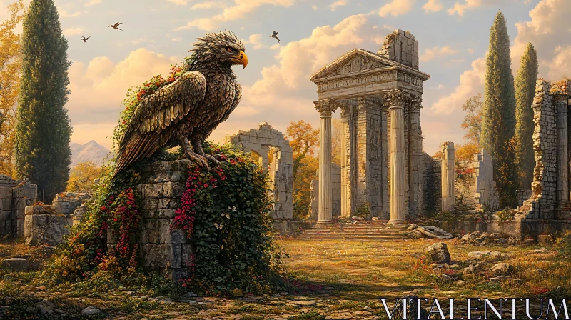 Stone Griffin in Sunlit Ancient Ruins AI Image