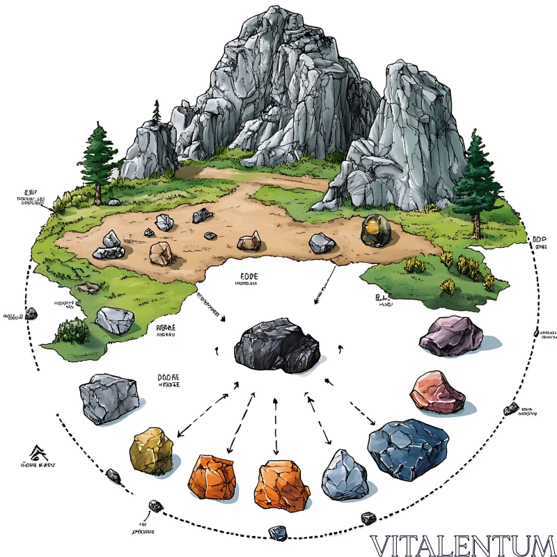 Labeled Rocky Landscape Illustration with Stones and Greenery AI Image